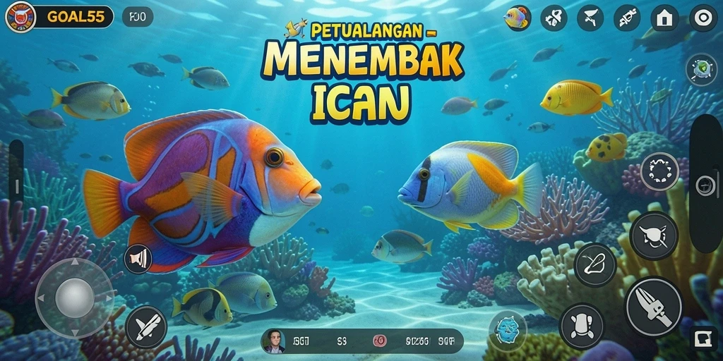 Screenshot gameplay GOAL55 menampilkan aksi menembak ikan yang seru.